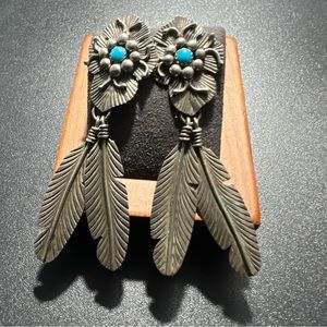 Signed TF Sterling 2 Feather Dangle Earrings Turquoise Center Thomas Francisco